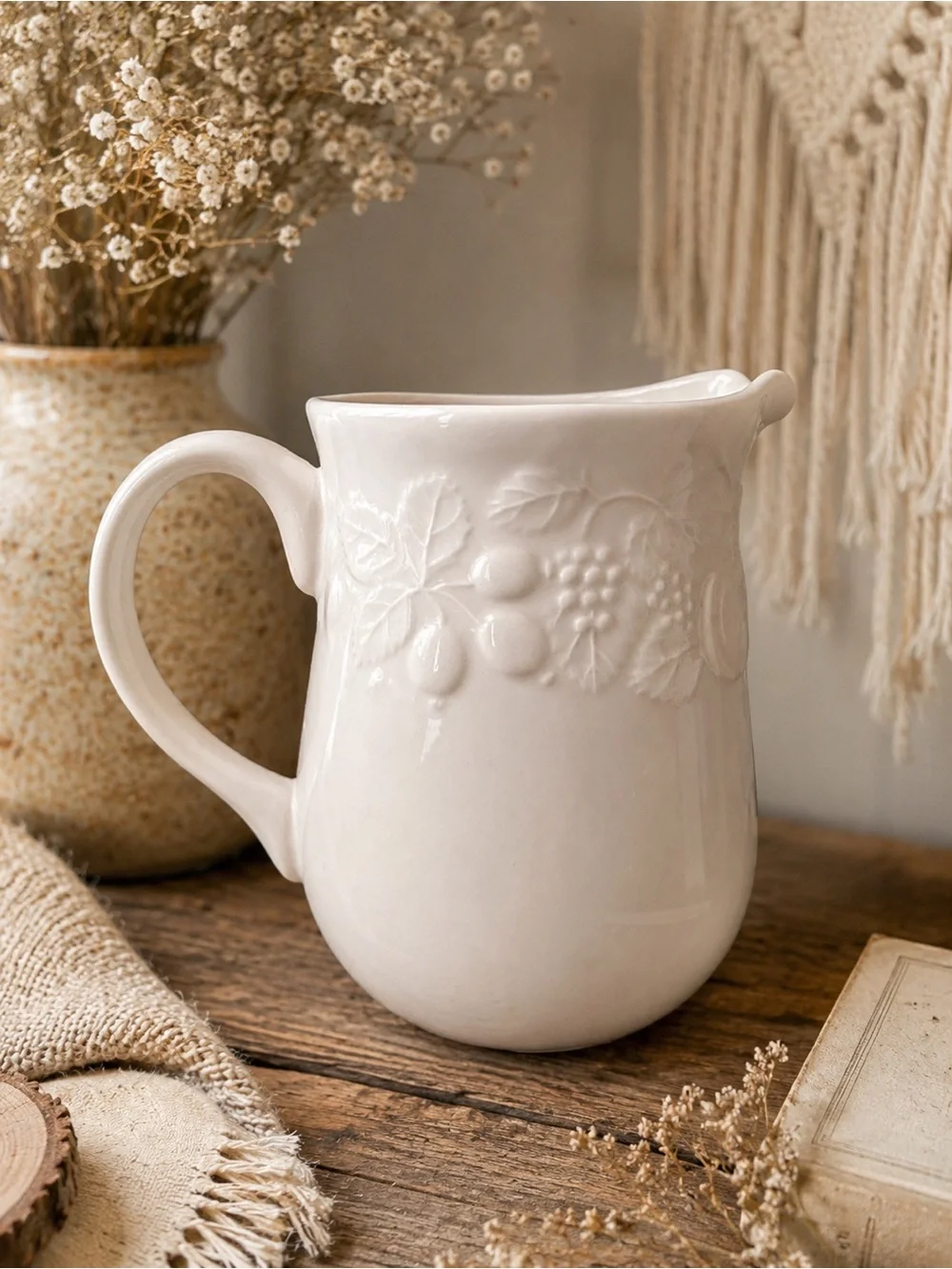 Gibson China Houseware Pitcher White Ceramic Embossed Fruit Pattern Farmhouse
